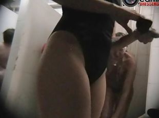 Bushy babe gets soaped well on a hidden bath  camera video