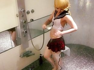 Japanese Uncensored Schoolgirl Showering and Bathing in Clothes Wetlook