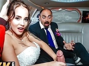 VIP4K. Random passerby scores luxurious bride in the wedding limo