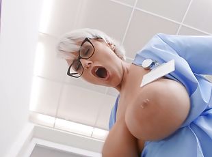 Short-haired nurse in glasses fucks young Spanish dude