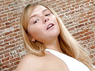 BJ teen with perky boobs sucks POV cock while talks dirty