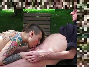 Tattooed teen fucks a senior