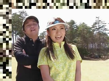 Three asian babes play a game of golf strip