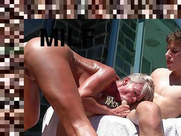 Lubed MILF tries young stepson's dick hardcore style by the pool