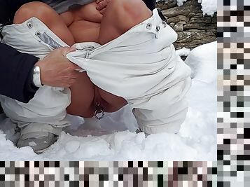 Nippleringlover - milf pisses and plays with huge pierced nipples outdoors in the snow