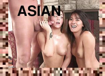 Hottie big guy fucks asian and american young babe girls