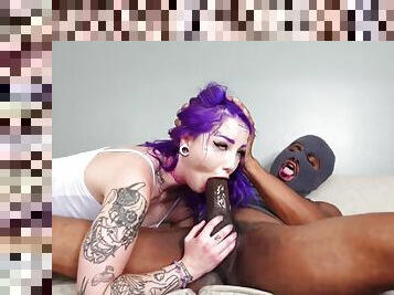 Kinky goth girl gagging on massive black donger