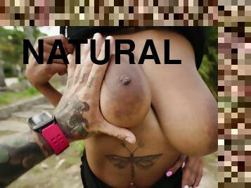 Huge Natural Ebony Boobs Swinging - Tina Fire, Juan Lucho - outdoor POV reality sex