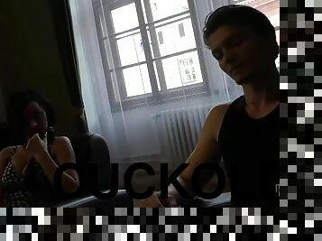 Hunt4k. guy stretches young chick on sofa while cuckold films this