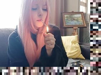 Beautiful Pink Hair Egirl Smoking in black pyjama (full vid on my ManyVids/0nlyfans)