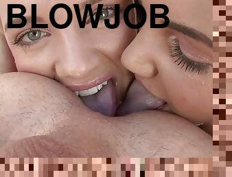 blowjob-seks-dengan-mengisap-penis, cumshot-keluarnya-sperma, penis-besar, bintang-porno, bertiga, berambut-pirang, berambut-cokelat, penis, pengisapan