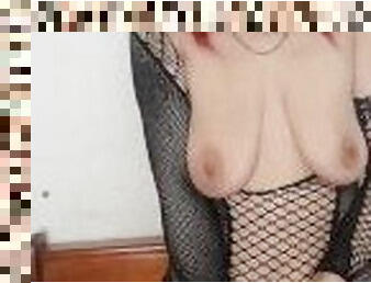Busty Milf Smoking in Fishnet Suite, gives Jerk Off Instruction for Cum in Mouth, Rubbing Dick