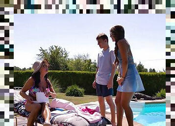 Sex by the pool with a much younger lad set to devour her cunt