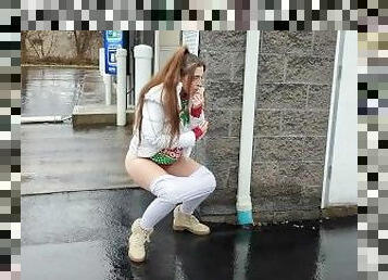 Crazy Brunette Pee's in a Public Parking lot