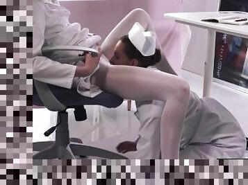 Sexy fetish nurse fucks her colleague with a squirting dildo