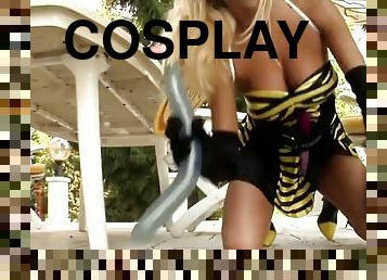 Cosplay solo milf masturbates asshole and pussy with toys outdoors