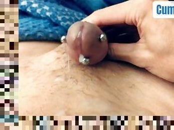 Upclose of my Throbbing Pierced Cockhead MULTIPLE CUMSHOTS first one handsfree