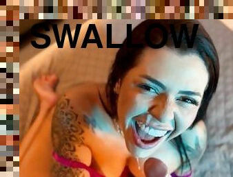 naughty brunette swallowing hot cum in wonderful blowjob