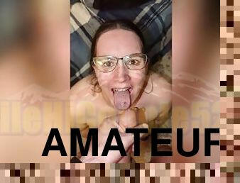 store-pupper, briller, svær, amatør, blowjob, cumshot, par, facial, cum, piercet