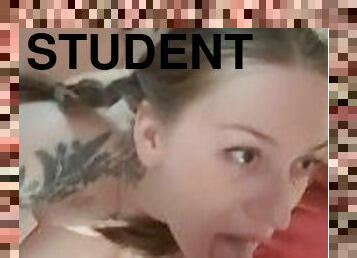 Young student with pigtails sucks  big dick