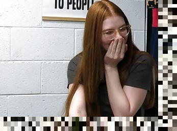 Redhead teen thief throat fucked by security guard