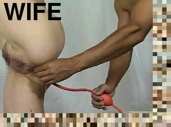 Elmers Wife Anal Fisting and Enema with one leg tied high