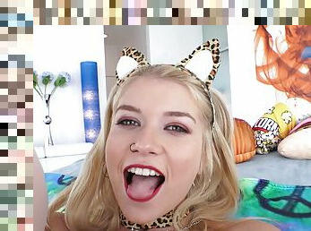 Blonde Arya Fae - closeup deepthroat blowjob and cum on face - facial