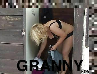 Blonde granny ride strangers cock in public