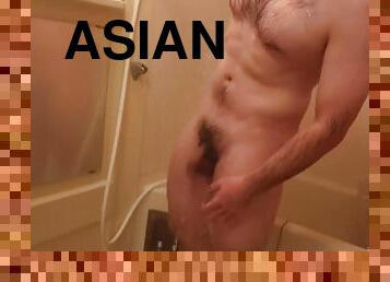 asiático, bañando, meando, polla-enorme, gay, japonés, fetichista, ducha, a-solas, oso