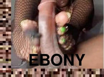 FOOTJOB and play with the DICK WITH PRETTY EBONY TOES in FISHNETS