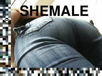 Sexy blonde shemale shows off her ass before being fucked