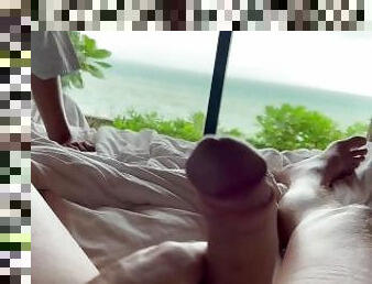 Wanking big dick in front of hotel maid, full view of public on beach, full video available