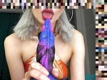 Asian egirl sucks and licks a dragon dildo/ahegao