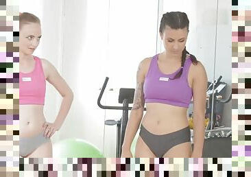 Gym babes eat and ride cock in FFM 3some with trainer