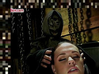 Gagging blowbang whore rough nailed in mouth during BDSM