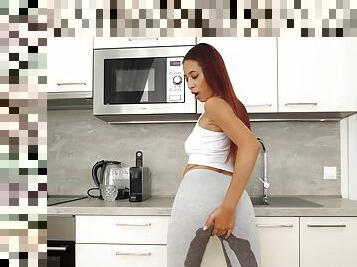 Redhead pees on herself in sexy kitchen solo perversions