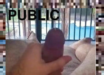 Big cumshot by public pool