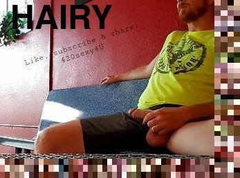 Hairy ginger guy showing off dick in public