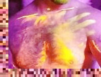 Glow in the dark painted hairy jock jerks and cums