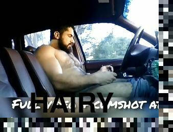 Hairy Muscle Stud BDSMs Himself in his car jerking off with cock tie