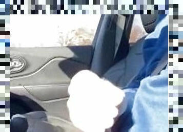 Masturbating while driving. Risky jerking off with huge cumshot driving car.