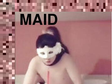 Sissy ladyboy maid is very active and fucking a masked fag in the ass