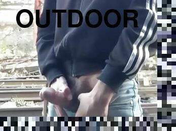 Straight jerks off outdoors and cums a lot