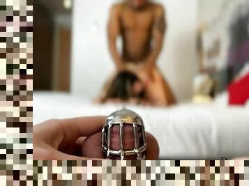 Mistress locking up her husband in chastity and allowing him to watch sex with BBC