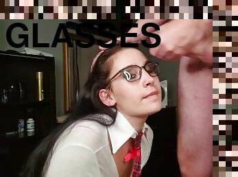 Nerdy slut gets her eye glasses covered in cum after repeatedly sucking and jerking off cock