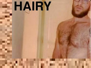 VERY HAIRY GUY STROKES HIS THICK COCK AND CUMS WHILE THINKING OF YOU