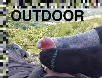 she gives me a footjob, sockjob, during a treking (outdoor)