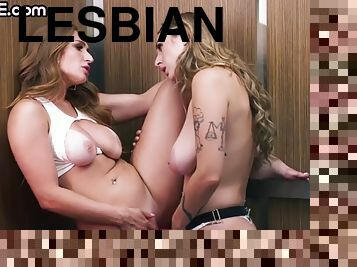 Sloppy lesbians fuck in public in an elevator