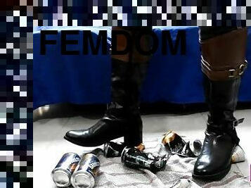 Crushing beer cans with Riding leather Boots & kicking you POV