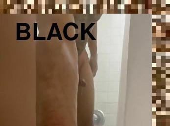 Jacking off my big black cock in the gym shower